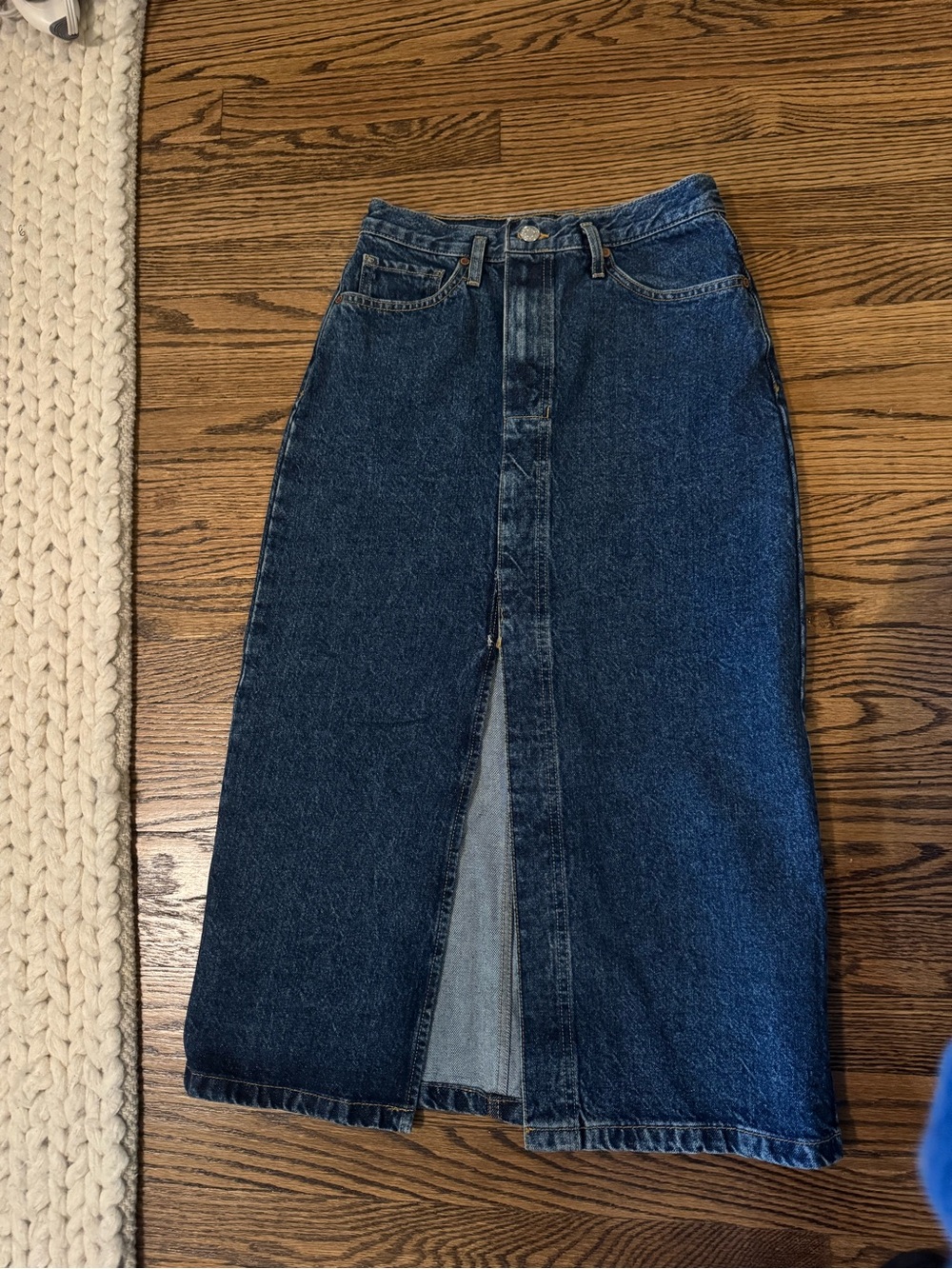 Mango Dark Blue Denim Midi Skirt with Center Front Slit